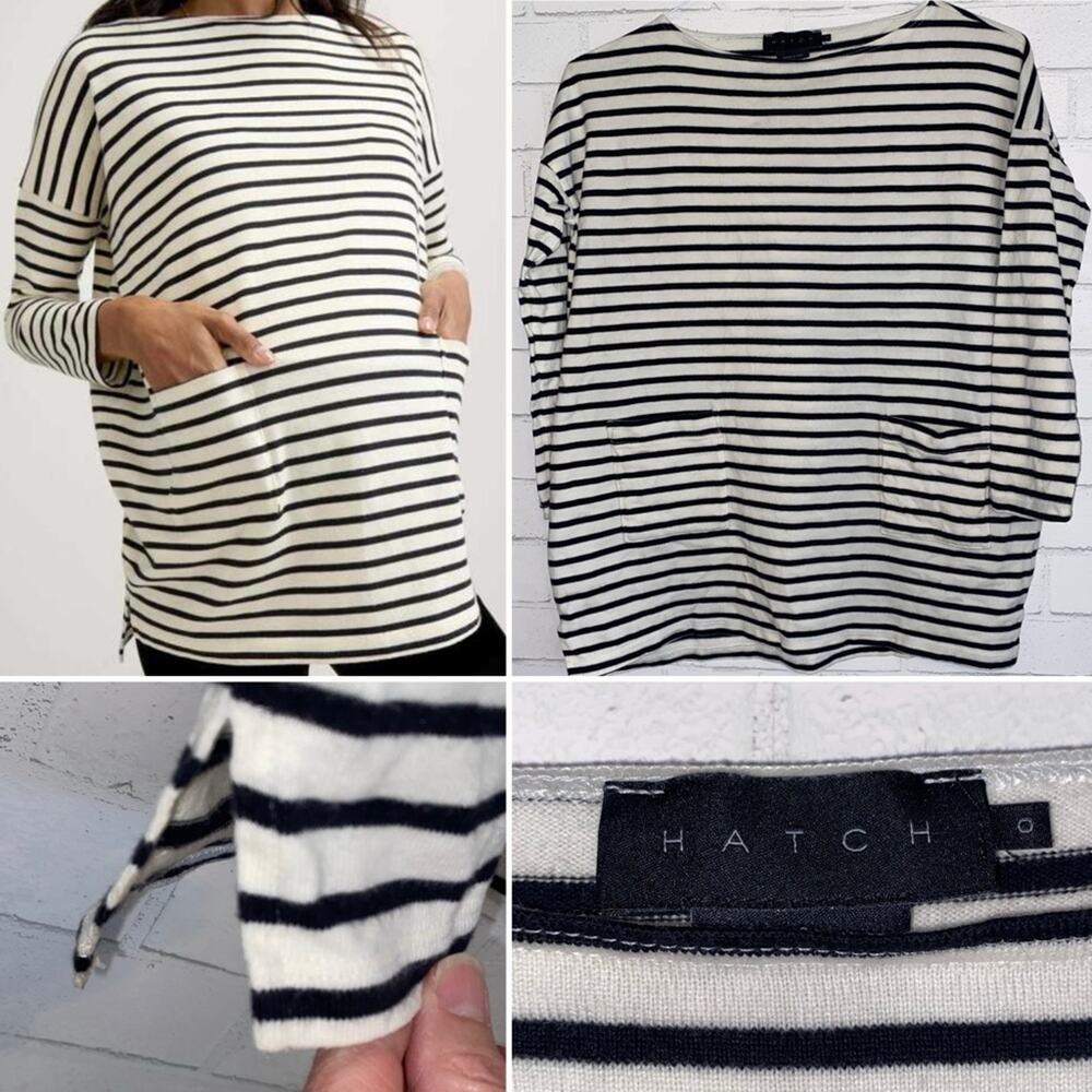 HATCH $148 Bateau Neck Striped Black Ivory Maternity Top 0